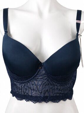New 38D blue bra. DAISY FUENTES, padded "Long Line" adjustable straps, lace trim